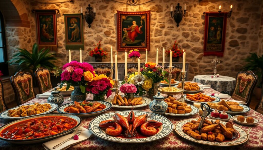 A beautifully decorated Portuguese feast table, bathed in warm, soft lighting. In the foreground, an array of traditional dishes - rich stews, grilled seafood, and decadent pastries. Vibrant floral centerpieces and ornate ceramic platters add splashes of color. The middle ground features intricately patterned tablecloths, napkins, and candles, creating an elegant, intimate atmosphere. In the background, a rustic stone wall with hanging tapestries and wrought-iron sconces, evoking the historic charm of a Portuguese manor. The scene exudes a sense of celebration, culture, and the culinary artistry that is the essence of Portuguese cuisine.