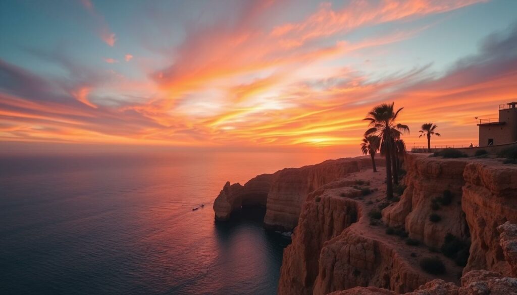 A breathtaking Algarve sunset along the rugged coastline, with dramatic cliffs and golden-hued sandstone formations framing the scene. The sky is ablaze with a fiery palette of oranges, pinks, and deep purples, reflecting in the calm, glistening waters below. Tall, swaying palm trees sway gently in the soft, salty breeze, adding a touch of tropical tranquility. The overall mood is one of serene, romantic beauty, perfectly capturing the essence of a quintessential Algarve sunset. Shoot with a wide-angle lens to emphasize the grand, sweeping vista, and use a low angle to accentuate the dramatic cliff formations in the foreground.