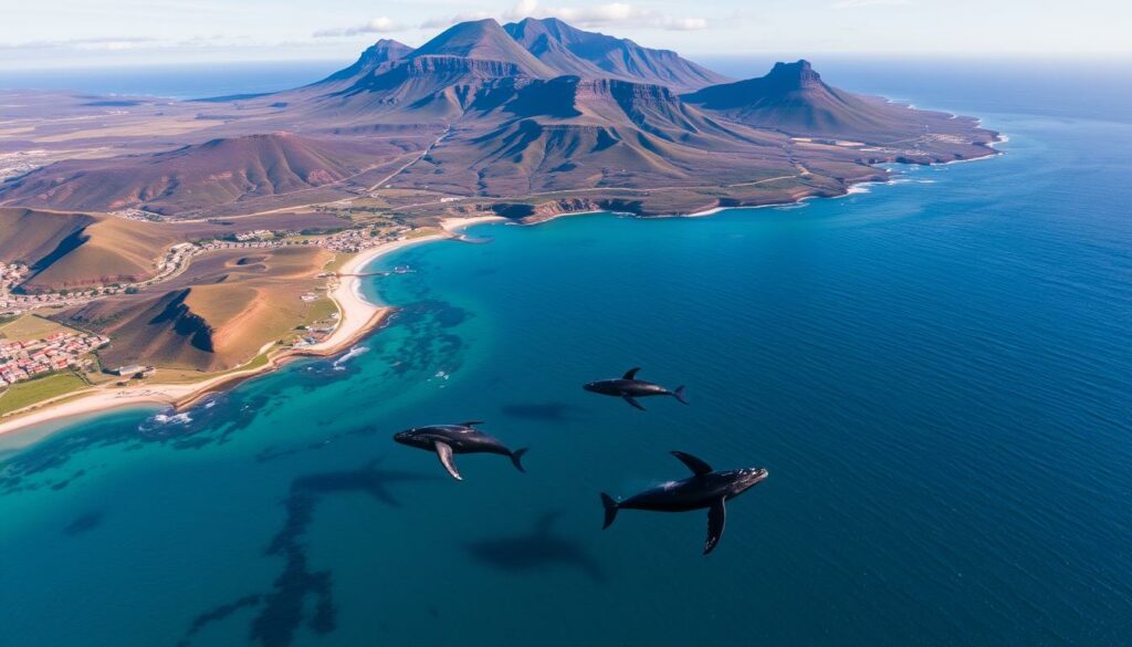 A breathtaking aerial view of the Azores Islands, showcasing the top destinations for whale watching. In the foreground, the dramatic coastline of São Miguel Island, with its lush green hills and picturesque seaside towns. In the middle ground, the majestic silhouettes of humpback whales breaching the crystal-clear azure waters, their massive bodies glistening in the warm sunlight. In the background, the rugged volcanic peaks of Pico Island rise majestically, framing the scene with their stark, natural beauty. The overall atmosphere is one of awe-inspiring grandeur, capturing the essence of the Azores' premier whale watching locations.