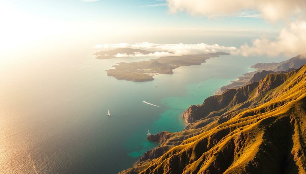 A breathtaking aerial view of the Madeira and Azores archipelagos, set against the vast expanse of the Atlantic Ocean. In the foreground, the rugged, verdant landscapes of Madeira, with its dramatic cliffs and lush, terraced hillsides. In the middle ground, the stunning blue-green waters surrounding the islands, dotted with sailboats and small fishing vessels. In the distance, the Azores archipelago, a cluster of lush, volcanic islands emerging from the mist-shrouded horizon. The scene is bathed in warm, golden light, casting a dreamlike, nostalgic quality over the entire composition. The overall mood is one of tranquility, adventure, and the timeless beauty of these remote, island paradises.