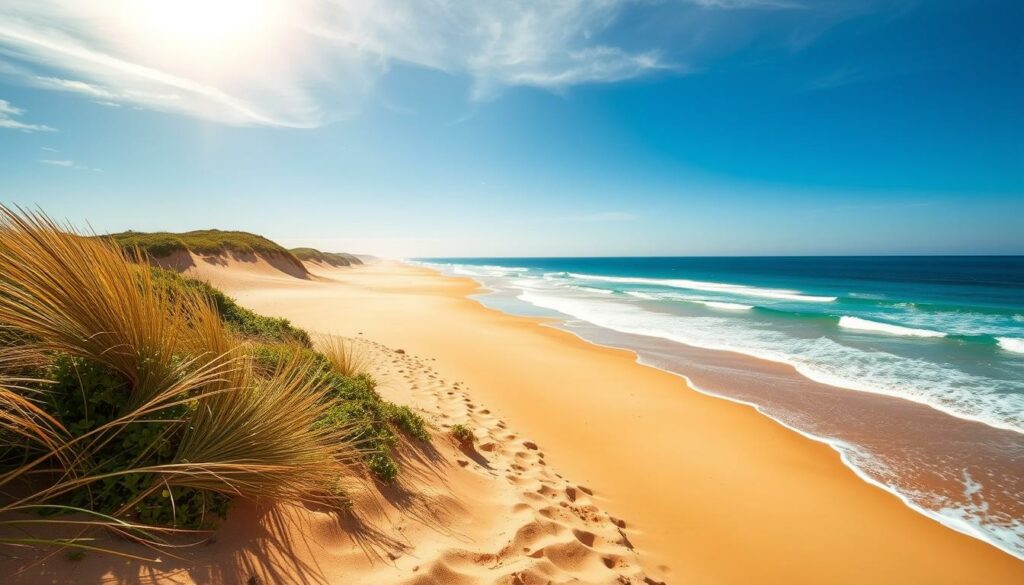 A breathtaking beachscape in Comporta, Portugal. The foreground showcases pristine golden sand, gently lapped by crystal-clear turquoise waves. In the middle ground, swaying dunes are adorned with lush, verdant vegetation, creating a serene, natural harmony. The background features a cloudless azure sky, accentuated by the warm, golden glow of the sun, casting a tranquil, ethereal ambiance over the entire scene. The composition is balanced, with a wide, expansive vista that captures the essence of Comporta's renowned beaches - a true haven for the European jet set, offering a peaceful respite from the hustle and bustle of modern life.