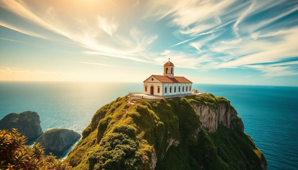 A breathtaking chapel perched atop dramatic cliffs, with the stunning Atlantic Ocean as a backdrop. The Kapelle São Benedito, a 16th-century architectural gem, stands tall and proud, its white walls and red-tiled roof contrasting against the azure sky. Lush greenery cascades down the cliff face, creating a verdant, almost ethereal setting. Warm, golden sunlight filters through wispy clouds, casting a serene glow over the entire scene. The camera captures this awe-inspiring vista from a low angle, emphasizing the chapel's stately presence and the dramatic, picturesque landscape that surrounds it. An idyllic, tranquil haven, perfectly suited to showcase the top activities and sights of this enchanting region.