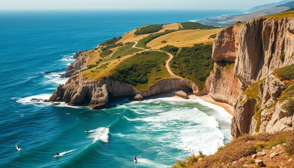 A breathtaking coastal landscape in Portugal, with rugged cliffs overlooking the vast expanse of the Atlantic Ocean. In the foreground, a group of adventurous surfers carve through the rolling waves, their boards gliding effortlessly across the turquoise waters. Behind them, a winding trail leads into the lush, verdant hills, inviting hikers to explore the picturesque countryside. The scene is bathed in warm, golden sunlight, casting a serene and inviting atmosphere. The image captures the essence of an active, outdoor-focused vacation in Portugal, showcasing the country's natural beauty and the thrilling activities it offers.