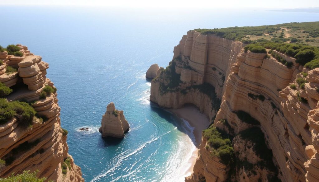 A breathtaking coastal landscape of the Algarve region, Portugal. In the foreground, rugged cliffs rise majestically from the azure waters, their layers of weathered rock casting dramatic shadows. Lush, verdant vegetation clings to the cliff edges, swaying gently in the sea breeze. In the middle ground, a secluded sandy beach nestles between the towering rock formations, its golden sands framed by glistening, turquoise waves. In the distance, the horizon stretches endlessly, a tapestry of shimmering hues blending the sky and ocean. Warm, golden sunlight bathes the entire scene, creating a serene, timeless atmosphere that encapsulates the natural splendor of this picturesque section of the Rota Vicentina hiking trail.