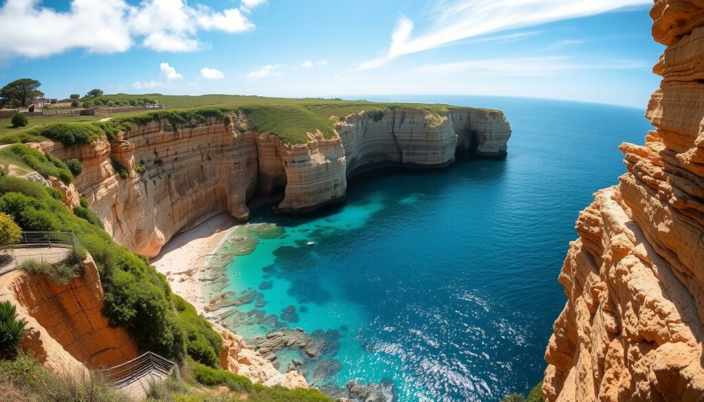 A breathtaking coastal scene at Praia da Marinha, Algarve: Dramatic limestone cliffs plunge into crystal-clear azure waters, their jagged edges and weathered textures casting dramatic shadows. Sunlight filters through wispy clouds, illuminating the tranquil cove below. Lush, verdant vegetation clings to the cliff faces, adding vibrant pops of color. The serene, mirror-like surface of the ocean reflects the surrounding natural beauty in mesmerizing detail. Capture the essence of this stunning, unspoiled paradise through a wide-angle lens, showcasing the awe-inspiring scale and captivating allure of this Portuguese coastal gem.