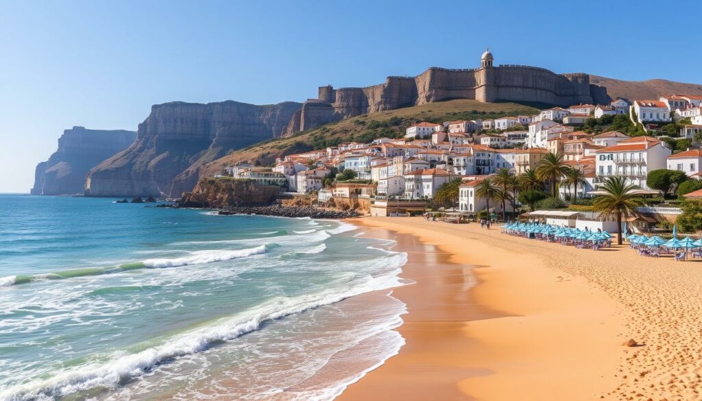 A breathtaking coastal scene of Mittelalgarve, Portugal. In the foreground, pristine golden sand beaches lined with swaying palm trees and dotted with colorful umbrellas. The azure waves of the Atlantic Ocean gently lap at the shore, their rhythmic motion captured in a crisp, wide-angle view. In the middle ground, the picturesque whitewashed buildings of a historic seaside town cascade down the hillside, their terracotta roofs and ornate architecture basking in the warm Mediterranean sunlight. Towering cliffs rise in the background, their rugged beauty complementing the serene, tranquil atmosphere. A sense of timeless, old-world charm permeates the entire landscape, inviting the viewer to experience the natural splendor and cultural richness of the Algarve region.