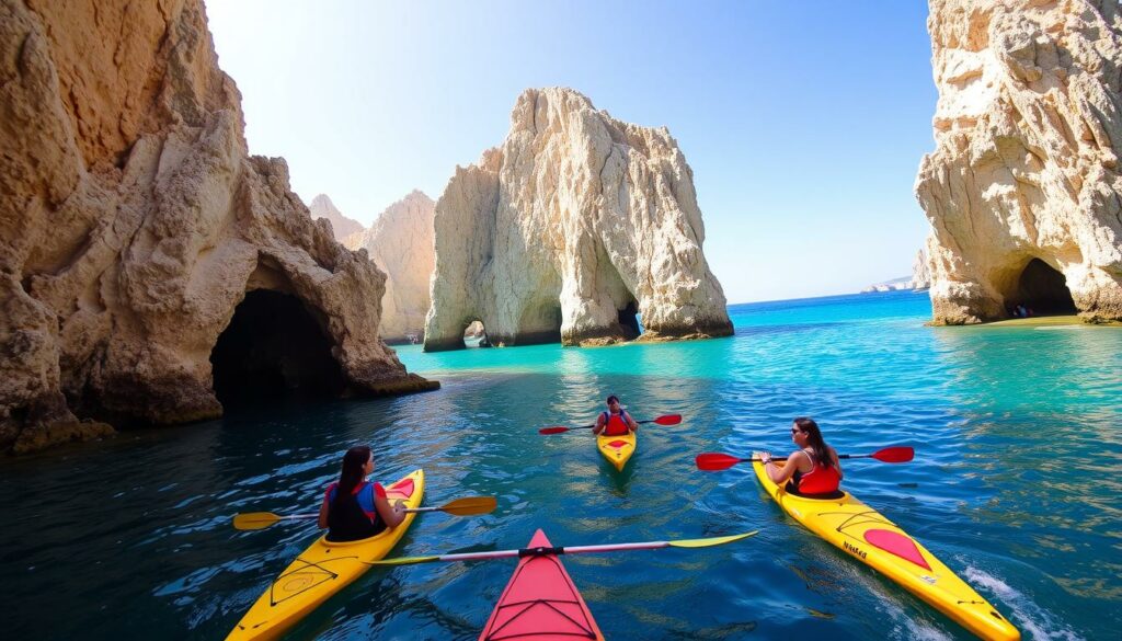 A breathtaking kayak tour along the rugged coastline of Ponta da Piedade, Lagos, Portugal. Towering limestone cliffs rise majestically from the turquoise waters, their craggy surfaces carved by time and the elements. Kayakers glide effortlessly through the serene coves, marveling at the intricate cave formations and natural rock arches that dot the shoreline. The warm Mediterranean sun casts a golden glow, illuminating the vibrant blues and greens of the surrounding seascape. A sense of tranquility and adventure permeates the scene, inviting the viewer to imagine the thrill of exploring this picturesque coastal landscape by kayak.