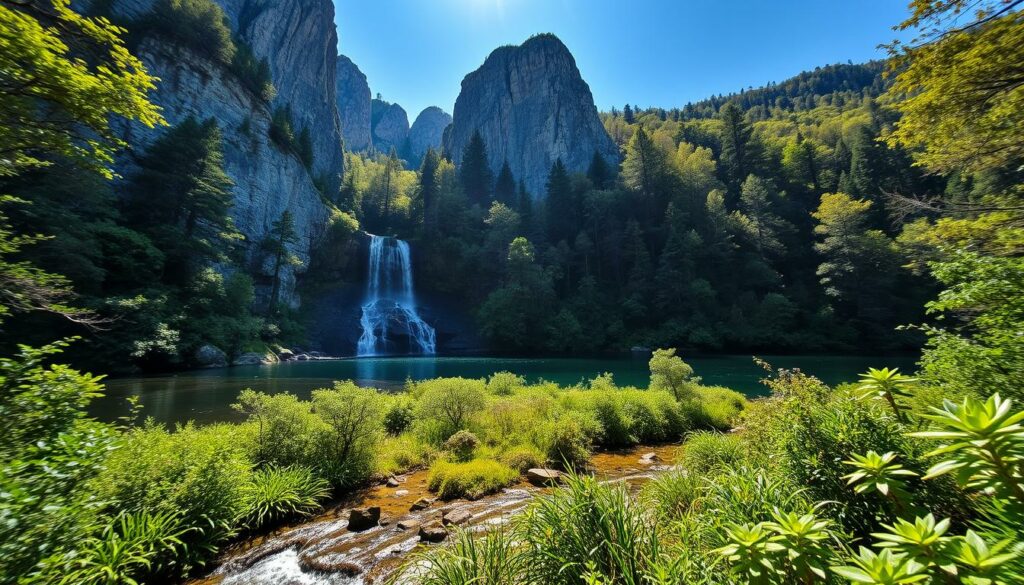 A breathtaking landscape of hidden natural gems in Northern Portugal. In the foreground, a serene stream winds through lush, verdant foliage, its crystal-clear waters reflecting the surrounding forest. Towering granite cliffs rise in the middle ground, their rugged surfaces softened by cascading waterfalls that tumble down into tranquil pools. The background features a dense, primeval woodland, the sunlight filtering through the canopy and casting a warm, golden glow over the entire scene. The atmosphere is one of unspoiled, untamed beauty, a secluded oasis far from the beaten path. Captured with a wide-angle lens, the composition emphasizes the grandeur and tranquility of this hidden natural treasure in Northern Portugal.