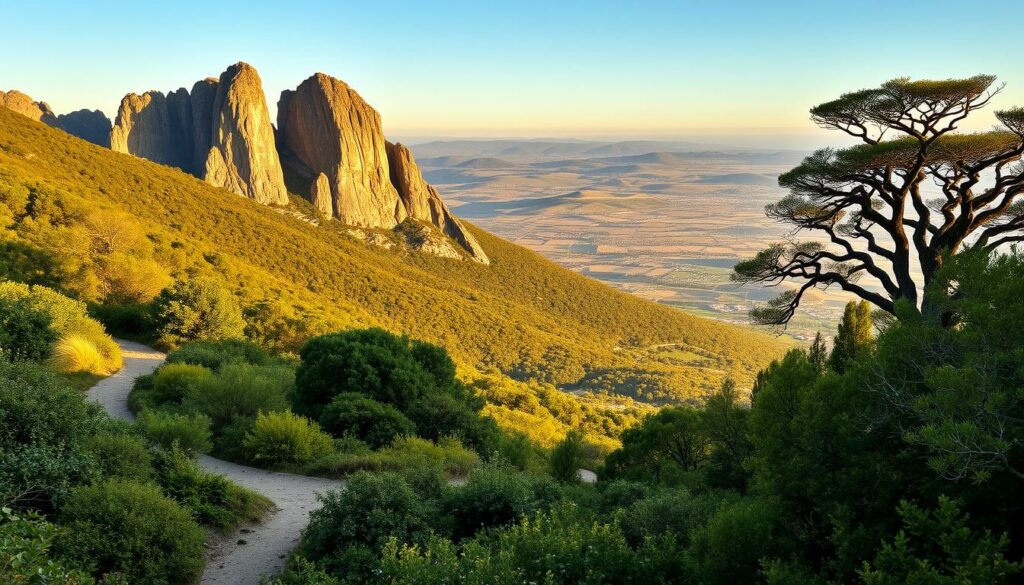 A breathtaking landscape of the São Mamede Natural Park, Portugal. In the foreground, a winding trail winds through lush, verdant foliage, inviting hikers to explore the natural wonders. The middle ground features towering granite peaks, their rugged silhouettes casting dramatic shadows under the warm, golden afternoon light. In the distance, a patchwork of rolling hills and valleys stretches out, dotted with traditional whitewashed buildings and ancient oak trees. The scene conveys a sense of tranquility and adventure, perfectly capturing the essence of the "Atividades e Erlebnisse in der Region" section of the article on the captivating town of Marvão.