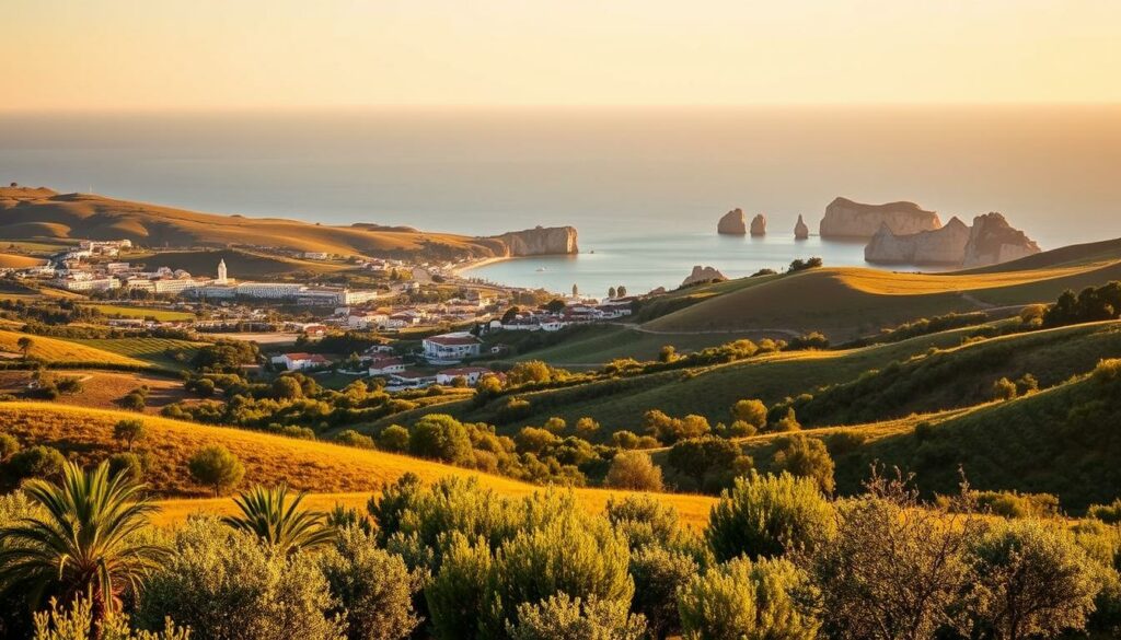 A breathtaking landscape showcasing the vibrant seasons of the Algarve region. In the foreground, lush rolling hills dotted with olive trees and vineyards, bathed in warm golden light. The middle ground reveals a picturesque coastal village, its whitewashed buildings and terracotta roofs contrasting against the azure waters of the Atlantic. In the distance, dramatic cliffs and rocky outcroppings stretch along the horizon, their shadows shifting as the sun dips below the sky. The scene captures the essence of the Algarve's diverse natural beauty, from the verdant spring blossoms to the rich autumnal hues, inviting the viewer to experience the region's perfect travel conditions throughout the year.