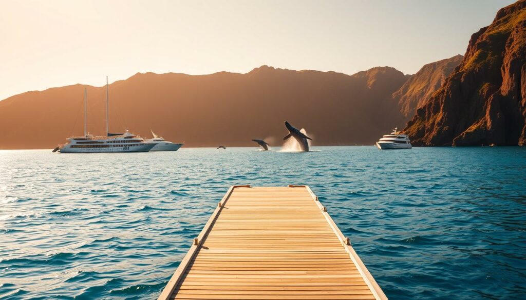 A breathtaking panoramic view of a whale watching tour embarkation point on the island of Madeira. In the foreground, a pristine wooden dock extends into a calm, azure sea, surrounded by lush, verdant cliffs. In the middle ground, a fleet of sleek, modern tour boats await passengers, their hulls glistening in the warm, golden sunlight. In the distance, the majestic silhouettes of breaching whales emerge from the shimmering waves, creating a sense of anticipation and wonder. The scene is bathed in a soft, diffused lighting, creating a serene and tranquil atmosphere, inviting viewers to imagine the unforgettable experience of witnessing these magnificent creatures in their natural habitat.