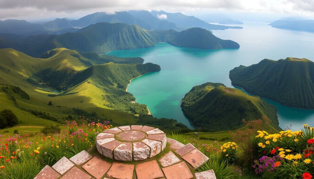 A breathtaking panoramic view of the lush, verdant Sete Cidades crater lake, with its stunning shades of emerald and sapphire waters. The scene is framed by gently rolling hills dotted with vibrant wildflowers, their colors enhanced by soft, diffused lighting that casts a warm, golden glow over the entire landscape. In the foreground, a picturesque stone viewing platform provides the perfect vantage point, inviting the photographer to capture the scene with a wide-angle lens to accentuate the sweeping, cinematic scale of the vista. The overall mood is one of tranquility and wonder, perfectly suited to creating unforgettable, awe-inspiring images that convey the serene beauty of this remarkable natural wonder.