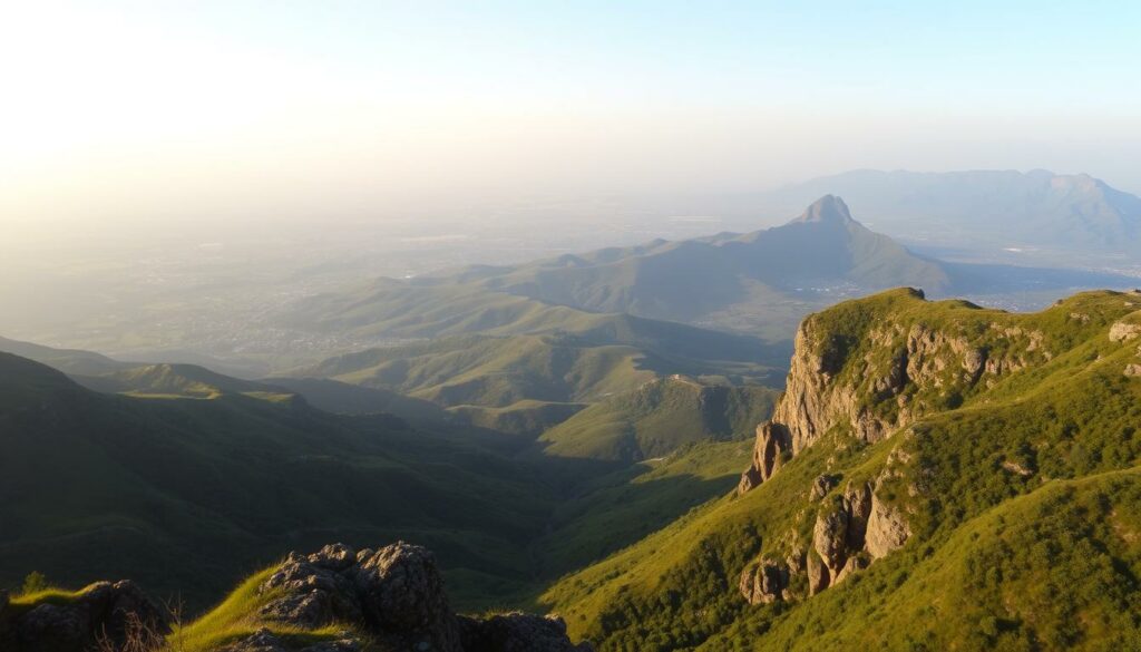 A breathtaking panoramic vista unfolds at the Miradouro Serra do Cume. In the foreground, a sweeping vista of lush green hills and rugged cliffs, carved by centuries of wind and weather. The middle ground reveals a distant horizon dotted with villages and winding roads, bathed in warm, golden light. The background showcases the majestic Serra mountain range, its peaks stretching toward the heavens, capped with a soft, hazy blue sky. A serene, peaceful atmosphere pervades the scene, inviting the viewer to pause and soak in the natural beauty of this stunning overlook. Captured with a wide-angle lens, this image conveys the grandeur and scale of the Miradouro Serra do Cume, a true highlight of the region.