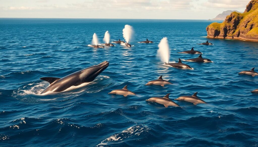 A breathtaking seascape featuring the diverse whale species found in the Azores archipelago. In the foreground, a majestic humpback whale breaches the surface, its massive body cutting through the azure waters. Surrounding it, a pod of playful bottlenose dolphins dance across the waves, their sleek forms glistening in the warm, golden sunlight. In the middle ground, a group of sperm whales emerges, their distinctive blowhole sprays rising like plumes against the backdrop of rugged, verdant cliffs. The distant horizon is dotted with the silhouettes of pilot whales and orcas, their dorsal fins slicing through the calm sea. The scene is infused with a sense of tranquility and wonder, capturing the rich marine life that calls the Azores home.
