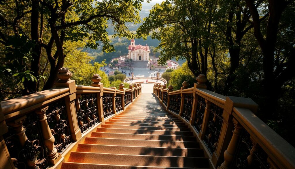 A breathtaking staircase winds its way up a verdant hillside, leading to a spectacular viewpoint overlooking the historic Bom Jesus do Monte sanctuary. Ornate stone balustrades and intricate wrought-iron accents frame the scene, inviting visitors to ascend and marvel at the sweeping vistas of the surrounding countryside. Warm sunlight filters through lush foliage, casting a golden glow over the steps and creating dramatic shadows that accentuate the architectural details. The atmosphere is one of peaceful tranquility, inviting exploration and contemplation. This is the Aussichtspunkt Bom Jesus Treppe, a highlight of the Bom Jesus Funicular experience that offers a unique perspective on the spiritual and natural beauty of this iconic Portuguese landmark.