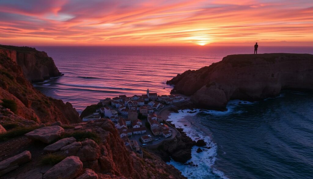 A breathtaking sunset vista along the rugged Algarve coastline. Vibrant hues of orange, pink, and purple paint the sky as the sun dips below the horizon, casting a warm glow over the rolling ocean waves. In the foreground, a picturesque fishing village nestled between ochre-colored cliffs, its white-washed buildings and terracotta roofs bathed in the fading light. A lone figure stands on a rocky outcrop, silhouetted against the dramatic sunset, taking in the mesmerizing display. The scene is captured through a wide-angle lens, emphasizing the grandeur of the landscape and the tranquil, romantic atmosphere of the Algarve's golden hour.