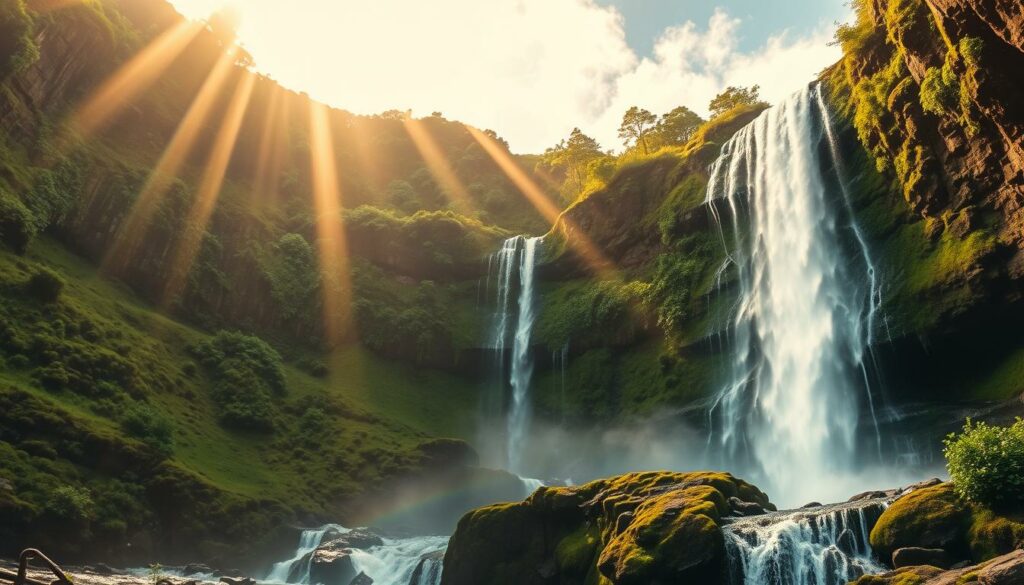 A breathtaking waterfall cascading through lush, verdant cliffs on the picturesque Azores island. Dramatic, diagonal lines of water plunge down the rocky, moss-covered face, framed by vibrant green foliage. The scene is bathed in warm, golden light filtering through wispy clouds, casting dramatic shadows and highlights across the rugged terrain. Shoot the waterfall from multiple angles - a wide, establishing shot showcasing the stunning natural setting, a close-up highlighting the turbulent flow of water, and a low angle emphasizing the towering, dramatic scale of the falls. Capture the serene, peaceful mood of this hidden natural wonder in the middle of the lush Azorean landscape.