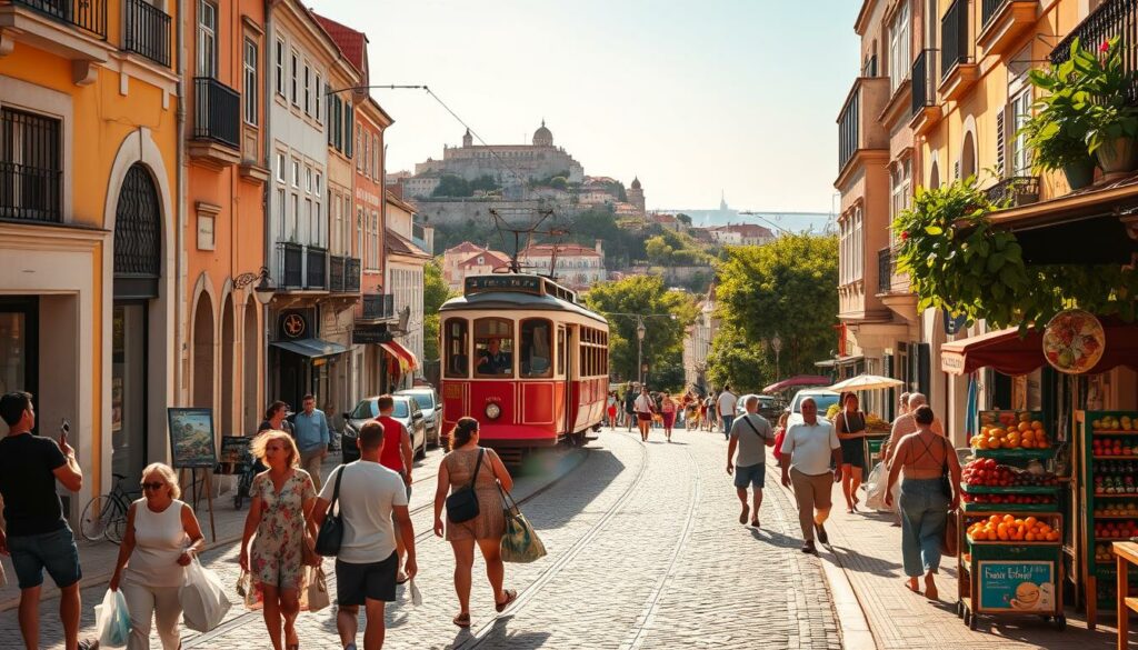 A bustling Lisbon street in mid-August, bathed in warm, golden sunlight. In the foreground, locals and tourists stroll along the cobblestone sidewalks, carrying shopping bags and stopping to admire the colorful facades of traditional buildings. Vendors offer fresh produce and handcrafted souvenirs from their quaint stalls. The middle ground features a picturesque tram winding its way through the hilly cityscape, its vintage charm complementing the historic architecture. In the background, the iconic Castelo de São Jorge sits atop a hill, overlooking the Tagus River and the city's vibrant rooftops. A gentle breeze rustles the lush foliage, creating a serene, inviting atmosphere perfect for a summer visit to Lisbon.