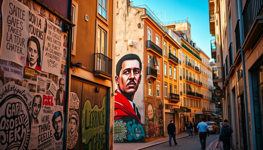 A bustling Lisbon street, its walls adorned with vibrant murals and graffiti. In the foreground, intricate stencil work and paste-ups convey messages of social justice and local pride. The middle ground features larger-than-life portraits of iconic Lisboan figures, their faces rendered in a distinct urban style. In the background, traditional architecture frames the scene, its weathered facades providing a striking contrast to the contemporary artworks. Warm, golden lighting casts a atmospheric glow, capturing the energy and authenticity of this thriving Stadtviertel. The resulting image exudes the rich cultural vibrancy of Lisbon's street art scene.