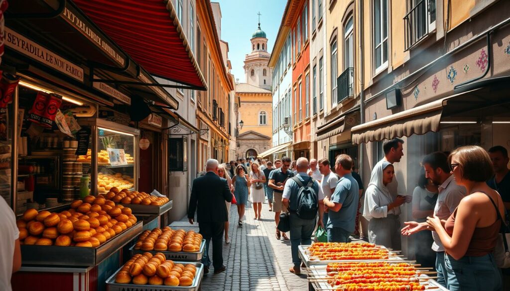 A bustling Portuguese street, bathed in warm afternoon sunlight. In the foreground, a vibrant display of traditional street food stalls, overflowing with tantalizing delicacies – golden-brown pastéis de nata, sizzling bifanas (pork sandwiches), and fragrant kebabs. Amid the vendors, locals and tourists mingle, chatting animatedly as they sample the delectable offerings. In the middle ground, narrow cobblestone alleys wind between charming, tiled buildings, their facades adorned with colorful azulejo tiles. The background is punctuated by the occasional church spire or terracotta rooftop, hinting at the rich cultural heritage of this captivating country. The overall scene exudes a lively, convivial atmosphere, inviting the viewer to immerse themselves in the vibrant flavors and traditions of Portugal's renowned street food culture.