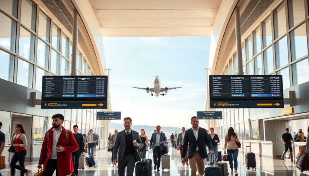 A bustling airport terminal, with natural light filtering through large windows, showcasing the arrival and departure screens for flights between Switzerland and Portugal. In the foreground, well-dressed Swiss travelers move through the concourse with suitcases and carry-on bags, their expressions a mix of anticipation and calm. The middle ground features sleek, modern architecture with clean lines and muted colors, while the background depicts the iconic silhouette of an aircraft taking off against a clear, azure sky. The overall atmosphere conveys a sense of efficient, stress-free travel for Swiss passengers connecting to their destinations in Portugal.
