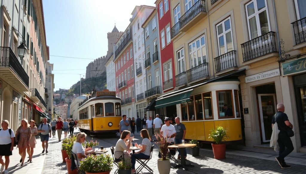A bustling city street in Lisbon, Portugal, in early September. The sun casts a warm, golden glow over the historic buildings and cobblestoned sidewalks. People stroll leisurely, admiring the vibrant azulejo tiles that adorn the facades. In the foreground, a group of friends pause to sip espresso at a cozy sidewalk café, surrounded by potted plants and lively conversation. In the middle ground, a tram climbs the hilly terrain, its iconic yellow exterior gleaming. In the background, the striking silhouette of St. George's Castle stands tall, overlooking the city. The overall atmosphere is one of relaxed exploration, highlighting the mild weather and inviting ambiance of Lisbon in September.