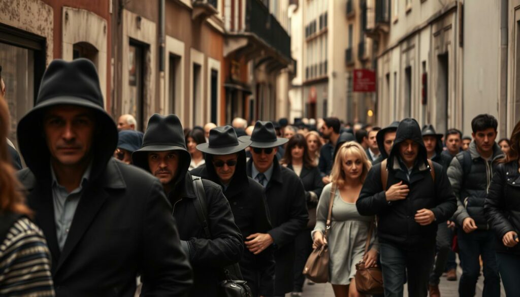 A bustling city street in Lisbon, Portugal, with passersby navigating through the crowds. In the foreground, a group of suspicious-looking individuals are discreetly eyeing their potential targets, showcasing the classic techniques of pickpocketing - sleight of hand, distraction, and misdirection. The middle ground captures the oblivious victims, their attention diverted by the vibrant surroundings, unaware of the imminent threat. In the background, the historic architecture and narrow alleyways create a sense of confinement, heightening the tension and unease. Muted tones, with strategic use of chiaroscuro lighting, convey the shadowy nature of these criminal activities. The overall scene evokes a heightened sense of awareness and caution, effectively illustrating the need to be vigilant against the tricks of the trade employed by Lisbon's notorious pickpockets.