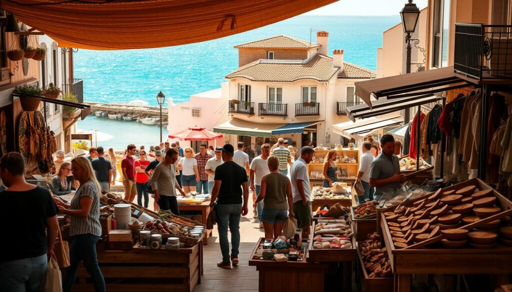 A bustling marketplace set against the picturesque backdrop of the Algarve coastline. In the foreground, a collection of handcrafted items and local specialties are displayed on weathered wooden stalls, their vibrant colors and textures catching the eye. Shoppers browse leisurely, exchanging opinions and recommendations as they explore the diverse offerings. The middle ground features a mix of traditional and modern architecture, with sun-dappled facades and wrought-iron balconies. In the distance, the shimmering azure waters of the Algarve invite visitors to imagine the delights that await. Warm, golden lighting bathes the scene, creating a welcoming and inviting atmosphere that captures the essence of this shopping destination.