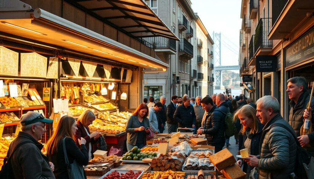 A bustling outdoor market in Lisbon, Portugal, bathed in warm golden sunlight. Vibrant stalls display an array of fresh produce, seafood, and traditional Portuguese delicacies. In the foreground, a group of locals and tourists sample local cheeses, cured meats, and crusty bread, immersed in lively conversations. The middle ground showcases colorful ceramic tiles adorning the surrounding buildings, capturing the city's iconic architectural style. In the background, a glimpse of the Tagus River and the iconic Ponte 25 de Abril bridge provides a scenic backdrop, setting the stage for an authentic culinary adventure through the heart of Lisbon.