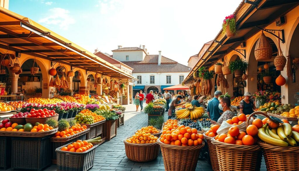A bustling outdoor market, the Mercado dos Lavradores in Funchal, Madeira. Vibrant produce stalls line the central square, overflowing with local fruits, vegetables, and flowers. The warm sun casts a golden glow, illuminating the colorful displays. In the foreground, wicker baskets brimming with ripe oranges, bananas, and exotic tropical fruits. In the middle ground, vendors proudly showcase their artisanal wares - handcrafted pottery, woven baskets, and fragrant spices. The background is framed by the historic buildings of the market, their terracotta roofs and whitewashed walls reflecting the quintessential Madeiran architecture. An atmosphere of lively commerce and community permeates the scene, inviting the viewer to immerse themselves in the vibrant heart of this beloved local market. A bustling outdoor market, the Mercado dos Lavradores in Funchal, Madeira. Vibrant produce stalls line the central square, overflowing with local fruits, vegetables, and flowers. The warm sun casts a golden glow, illuminating the colorful displays. In the foreground, wicker baskets brimming with ripe oranges, bananas, and exotic tropical fruits. In the middle ground, vendors proudly showcase their artisanal wares - handcrafted pottery, woven baskets, and fragrant spices. The background is framed by the historic buildings of the market, their terracotta roofs and whitewashed walls reflecting the quintessential Madeiran architecture. An atmosphere of lively commerce and community permeates the scene, inviting the viewer to immerse themselves in the vibrant heart of this beloved local market.