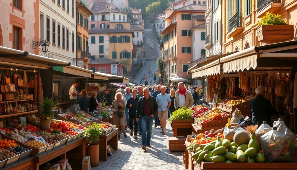 A bustling outdoor market with a vibrant and lively atmosphere. In the foreground, a variety of fresh produce and handcrafted goods are displayed on wooden stalls, inviting visitors to explore and discover unique local treasures. In the middle ground, people stroll through the market, engaged in animated conversations and browsing the diverse offerings. The background is filled with the charming architecture of the city, with colorful buildings and winding cobblestone streets, creating a sense of history and authenticity. Warm sunlight filters through the scene, casting a golden glow and accentuating the vibrant colors and textures. The overall mood is one of exploration, discovery, and immersion in the local culture and community. A bustling outdoor market with a vibrant and lively atmosphere. In the foreground, a variety of fresh produce and handcrafted goods are displayed on wooden stalls, inviting visitors to explore and discover unique local treasures. In the middle ground, people stroll through the market, engaged in animated conversations and browsing the diverse offerings. The background is filled with the charming architecture of the city, with colorful buildings and winding cobblestone streets, creating a sense of history and authenticity. Warm sunlight filters through the scene, casting a golden glow and accentuating the vibrant colors and textures. The overall mood is one of exploration, discovery, and immersion in the local culture and community.