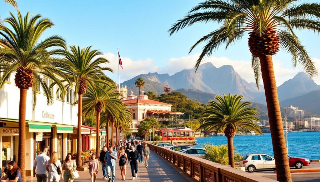A bustling promenade along the crystal blue waters of Funchal's harbor, with palm trees swaying gently in the warm breeze. In the foreground, a group of travelers stroll past charming storefronts and cafes, pausing to admire the vibrant local art and handicrafts on display. The middle ground features the iconic Monte Palace Tropical Garden, its lush greenery and colorful blooms framing the iconic cable car that whisks visitors up the hillside. In the distance, the dramatic silhouette of Pico do Arieiro mountain peaks against a sky painted in golden hues, hinting at the breathtaking natural landscapes that await just beyond the city limits. Soft, warm lighting illuminates the scene, capturing the inviting and leisurely atmosphere of this picturesque Madeiran destination. A bustling promenade along the crystal blue waters of Funchal's harbor, with palm trees swaying gently in the warm breeze. In the foreground, a group of travelers stroll past charming storefronts and cafes, pausing to admire the vibrant local art and handicrafts on display. The middle ground features the iconic Monte Palace Tropical Garden, its lush greenery and colorful blooms framing the iconic cable car that whisks visitors up the hillside. In the distance, the dramatic silhouette of Pico do Arieiro mountain peaks against a sky painted in golden hues, hinting at the breathtaking natural landscapes that await just beyond the city limits. Soft, warm lighting illuminates the scene, capturing the inviting and leisurely atmosphere of this picturesque Madeiran destination.