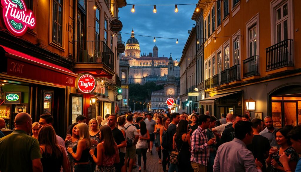 A bustling pub-crawl scene in the heart of Lissabon, Portugal. In the foreground, patrons spill out of lively bars, drinks in hand, conversing animatedly. Neon signs and string lights cast a warm, inviting glow, reflecting off the cobblestoned streets. In the middle ground, groups of friends wander between establishments, exploring the vibrant nightlife. In the background, historic buildings and landmarks loom, adding to the old-world charm. The atmosphere is electric, with a mix of laughter, music, and the chatter of locals and tourists alike, creating the perfect setting for an unforgettable night in Lissabon.