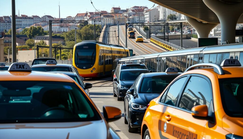 A bustling scene at Lisbon Airport, capturing the various transportation options available for travelers to reach the city center. In the foreground, sleek, modern taxis and rideshare vehicles await eager passengers, their drivers ready to whisk them away. The middle ground showcases the efficient metro system, with trains gliding in and out of the station, their shiny exteriors reflecting the warm, natural lighting. In the background, the iconic yellow trams climb the hilly streets, their historic charm juxtaposed against the contemporary urban landscape. The atmosphere exudes a sense of efficiency and convenience, inviting the viewer to seamlessly transition from the airport to the heart of Lisbon.
