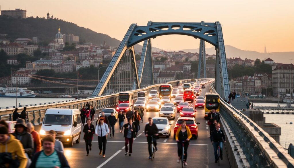 A bustling scene on the iconic Dom Luís I Bridge in Porto, Portugal. In the foreground, pedestrians and cyclists cross the lower deck, their movement captured in a blur of activity. The middle ground reveals a steady stream of automobiles and buses traversing the upper deck, their headlights and taillights creating a mesmerizing dance of light. In the background, the city's historic skyline rises, bathed in the soft, warm glow of the late afternoon sun. The bridge's distinctive arched structure dominates the frame, a testament to its engineering and architectural brilliance. The overall atmosphere conveys the vibrant, dynamic nature of this vital transportation hub, serving as the heartbeat of the city.