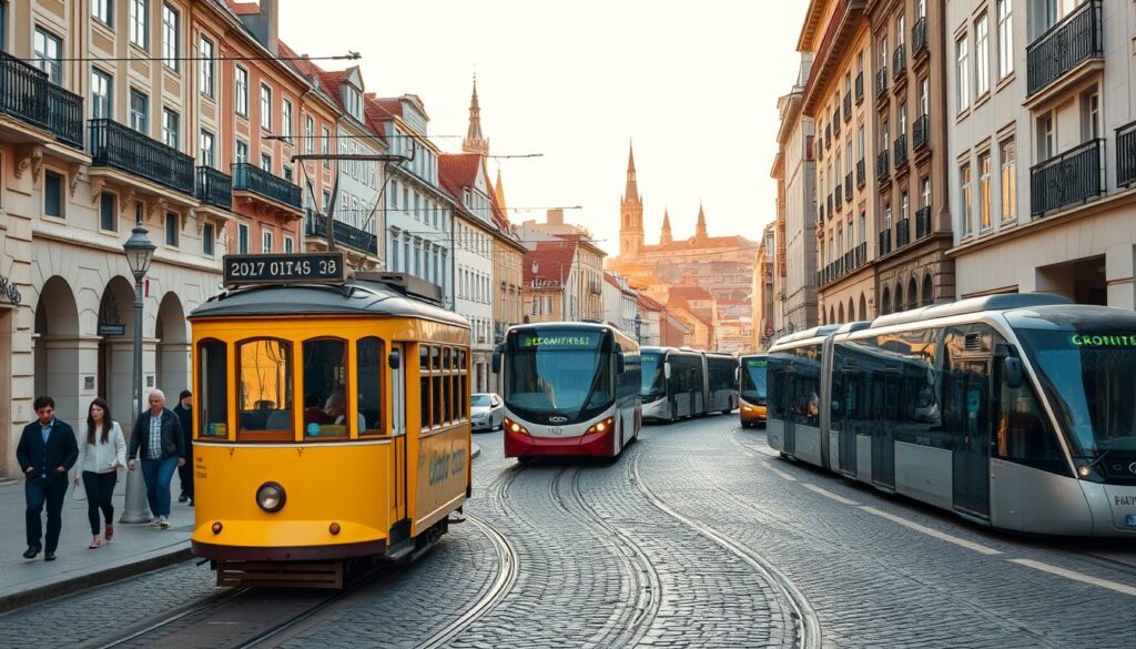 A bustling street in Lisbon, Portugal, capturing the diverse modes of transportation. In the foreground, a vintage yellow tram navigates the winding cobblestone roads, its sleek design and vibrant color a striking contrast to the historic architecture. Pedestrians stroll along the sidewalks, while a fleet of modern, eco-friendly buses glide past, their reflections mirrored in the gleaming windows of nearby high-rise buildings. In the background, the iconic red-roofed houses and church spires of the city's old town rise against a bright, cloudless sky, illuminated by warm, golden sunlight. The scene exudes a sense of energy and efficiency, showcasing the harmonious blend of traditional and contemporary transportation in the heart of Portugal.