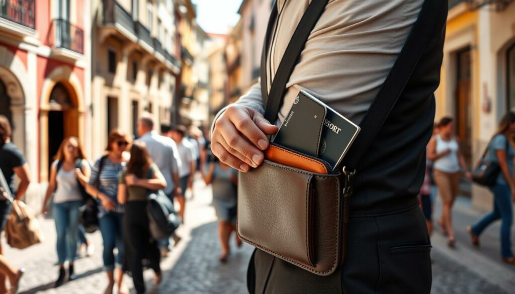A bustling street in Lissabon's old town, dappled with warm afternoon sunlight. In the foreground, a well-dressed tourist carefully secures their valuable belongings - a leather wallet, a sleek smartphone, and a passport - into a discrete, anti-theft crossbody bag. The middle ground features a lively mix of locals and visitors, navigating the charming cobblestone alleys. In the background, colorful historic buildings line the streets, conveying a sense of timeless European elegance. The overall atmosphere is one of caution and practicality, with the safety of one's possessions in mind, yet still capturing the vibrant spirit of Lissabon.