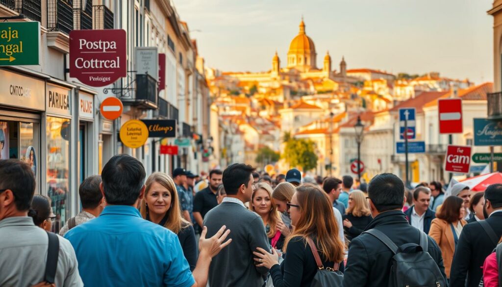 A bustling street scene in Lisbon, Portugal, showcasing the vibrant language and communication of the country. In the foreground, a group of locals engaged in lively conversations, gesturing expressively. The middle ground features an array of colorful storefronts and signs, reflecting the diverse linguistic landscape. In the background, a picturesque view of the city's iconic architecture and landmarks, bathed in warm, golden-hour lighting. The overall atmosphere conveys a sense of cultural exchange, as people from all walks of life interact and exchange ideas. The image captures the essence of Portugal's linguistic diversity and the vital role of communication in the daily life of its people.