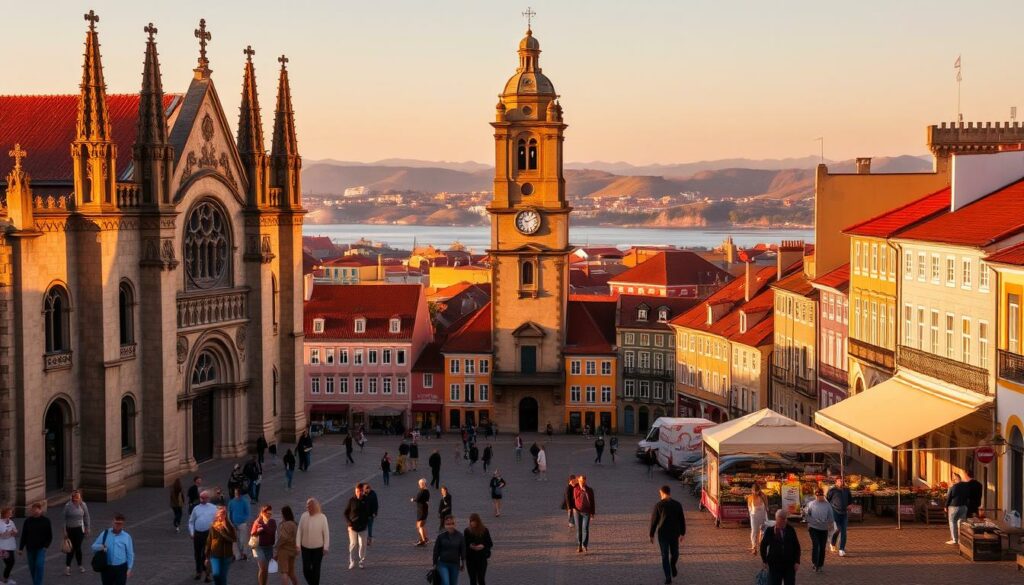 A bustling town square in Viana do Castelo, Portugal, bathed in warm golden light. In the foreground, a stunning 15th-century Gothic cathedral with intricate stone carvings and towering spires. People stroll leisurely through the cobblestone streets, admiring the colorful traditional buildings that line the square. In the middle ground, a historic clock tower stands tall, its ornate facade reflecting the warm hues of the setting sun. The background is filled with rolling hills and the distant glistening waters of the Lima River, creating a picturesque and serene atmosphere. The overall scene exudes a sense of timeless cultural heritage and charm.