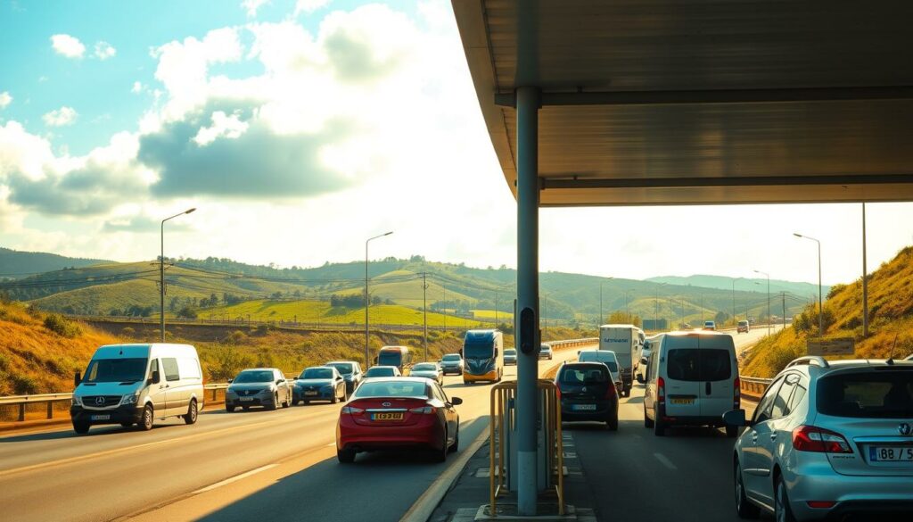A busy highway in Portugal, with cars and trucks navigating the winding roads. In the foreground, a toll booth stands prominently, its barriers and signage indicating the requirement for drivers to pay a toll. The middle ground features various makes and models of vehicles, some slowing down to pay the toll, others seamlessly passing through. The background showcases the rolling hills and lush greenery that characterize the Portuguese countryside, bathed in warm, golden sunlight filtered through scattered clouds. The scene conveys the practical reality of navigating Portugal's well-developed road network, where traffic laws and toll requirements must be observed.