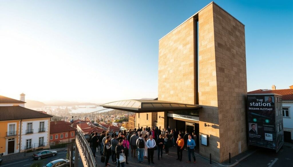 A cable car station nestled in the historic center of Funchal, Madeira. The Talstation Seilbahn Altstadt stands tall, its modernist architecture blending seamlessly with the surrounding colonial buildings. Warm sunlight dances across the stone facade, casting gentle shadows that accentuate the clean lines and angular design. Passengers queue patiently, eager to ascend the mountain and take in the sweeping vistas of the city and harbor below. The station's sleek, minimalist style evokes a sense of efficiency and adventure, perfectly complementing the thrill of the cable car ride to come.