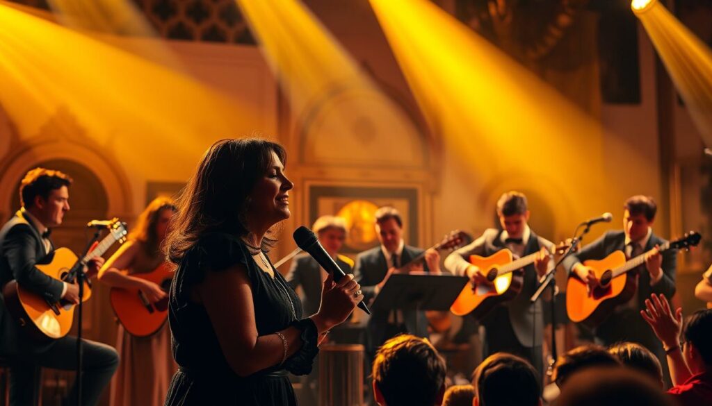 A captivating stage illuminated by warm, golden light, showcasing a group of renowned Fado artists passionately performing their soulful music. In the foreground, a singer with a hauntingly beautiful voice pours their heart into a melancholic Fado ballad, their face a tapestry of emotion. Surrounding them, a skilled ensemble of guitarists and musicians, their skilled fingers dancing across the strings, creating a rich, atmospheric accompaniment. In the middle ground, the audience listens with rapt attention, their faces a reflection of the emotive power of the performance. The background reveals the timeless, historic architecture of a Lisbon venue, serving as a fitting backdrop for this quintessential representation of Portuguese cultural heritage and the enduring legacy of Fado.