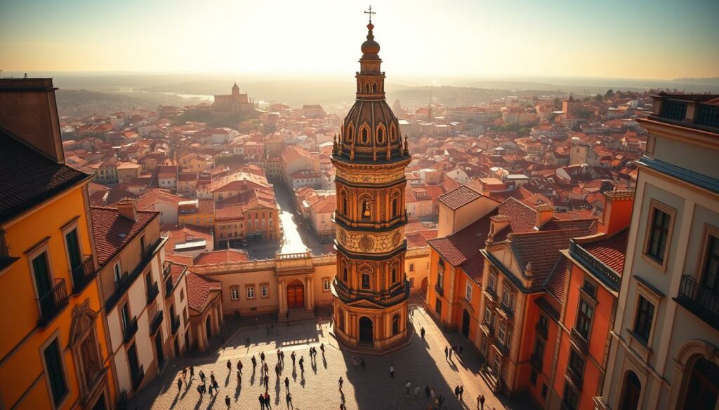 A captivating view of the iconic Torre dos Clérigos, its intricate baroque architecture bathed in warm, golden sunlight. The imposing bell tower stands tall, its ornate details and spire reaching skyward. In the foreground, visitors stroll along the cobblestone plaza, admiring the landmark's grandeur. The middle ground reveals the surrounding historic buildings, their warm-toned facades complementing the tower's timeless elegance. In the background, the vibrant city of Porto sprawls, its terracotta rooftops and winding streets creating a picturesque backdrop. The scene conveys a sense of tranquility and wonder, inviting the viewer to explore the rich history and architecture of this beloved landmark.