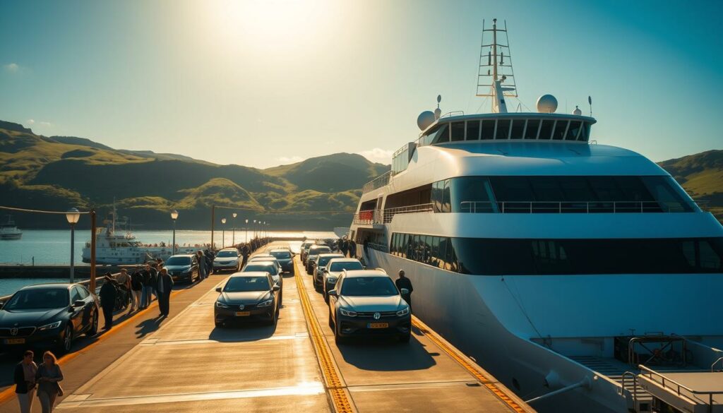 A car ferry docked at a modern port on the Azores islands, bathed in warm, golden sunlight. The vessel's sleek, streamlined design features a large car deck and passenger cabins. Passengers queue up to drive their vehicles onto the ferry, while crew members guide the process. In the background, lush green hills and a clear, azure sky set the scene. The atmosphere is one of calm efficiency and scenic island tranquility, inviting travelers to embark on an authentic Azores experience.
