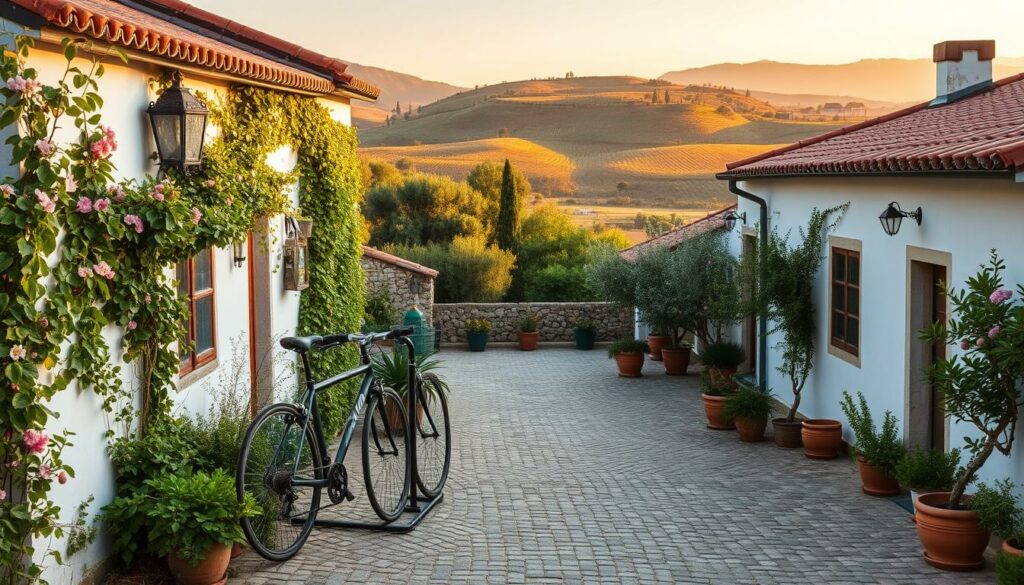 A charming Alentejo countryside scene depicting cozy cycling accommodations. In the foreground, a whitewashed inn with terracotta roof tiles, surrounded by lush foliage and flowering vines. A wrought-iron bicycle rack stands nearby, inviting weary cyclists to rest their wheels. The middle ground features a tranquil courtyard, paved with cobblestones and dotted with potted plants. In the background, rolling hills draped in olive groves and vineyards, bathed in the warm, golden glow of the Mediterranean sun. The atmosphere is one of rustic elegance and serene hospitality, perfectly suited for the adventurous yet discerning cycling traveler.