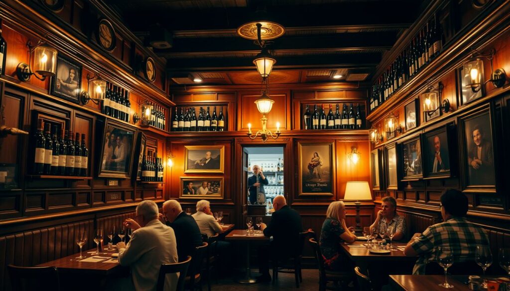 A charming and historic Adega Machado in Lisbon, Portugal. A cozy, well-lit interior with rich wood paneling, brass accents, and vintage wine bottles lining the walls. Patrons sitting at intimate tables, enjoying the lively Fado music and sipping on local wines. The atmosphere is warm and inviting, with a touch of old-world elegance. The camera captures the scene from a slightly elevated angle, emphasizing the depth and character of the space. Soft, golden lighting casts a gentle glow, creating a cozy and atmospheric ambiance. The focus remains on the captivating essence of the Adega Machado, a timeless venue that embodies the charm and history of Lisbon's vibrant Fado culture.