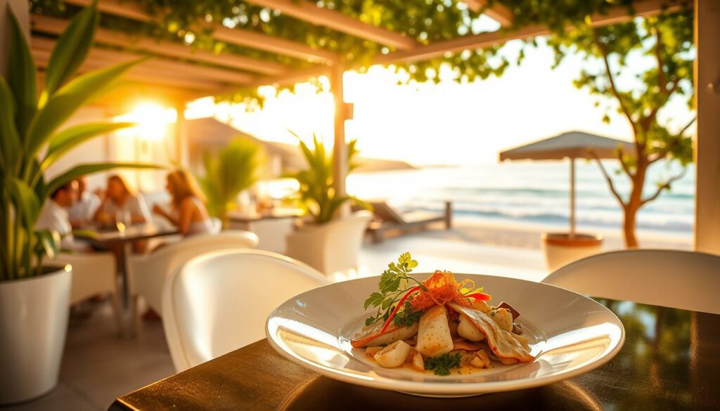 A charming beachfront restaurant nestled along the picturesque Praia Verde in the Algarve region. The warm, golden light of the setting sun filters through the open-air dining area, casting a cozy, intimate glow. Lush, verdant plants and elegant white furnishings create a sophisticated, Mediterranean ambiance. In the foreground, a beautifully presented seafood dish takes center stage, the aroma of fresh-caught delicacies wafting through the air. Diners savor their meals while admiring the stunning ocean view, the sound of gently lapping waves providing a soothing backdrop. The Octant Praia Verde restaurant offers a truly remarkable culinary experience, seamlessly blending the flavors of the sea with the natural beauty of the Algarve coast.
