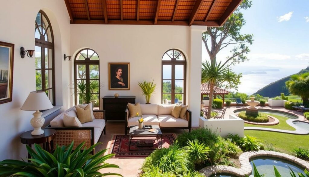 A charming boutique hotel nestled amidst the lush greenery of Madeira, the Castanheiro Boutique Hotel exudes an air of tranquility and sophistication. The elegant facade, with its white-washed walls and terracotta roofs, blends seamlessly into the verdant landscape. Stepping inside, one is greeted by a warm, inviting ambiance, with meticulously designed interiors that harmonize traditional Portuguese elements with modern comforts. Sunlight filters through large windows, casting a soft glow over the plush furnishings and carefully curated artwork. In the distance, the shimmering blue of the Atlantic Ocean can be glimpsed, promising a soothing respite from the stresses of everyday life. The hotel's lush gardens, complete with winding paths and serene water features, offer a haven for relaxation and rejuvenation, inviting guests to unwind and immerse themselves in the beauty of Madeira.