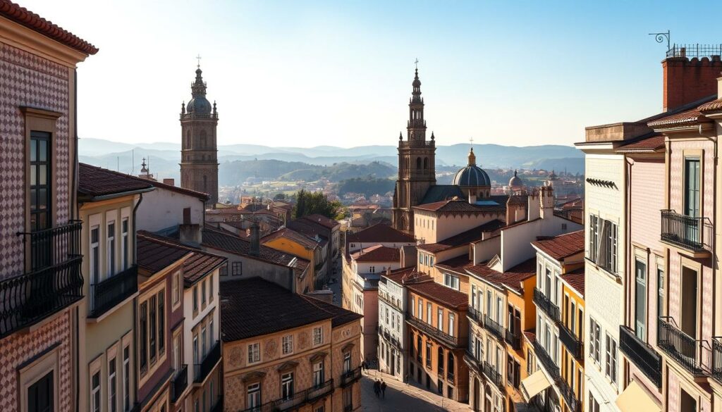A charming cityscape featuring the captivating architecture of Portugal and Spain. In the foreground, narrow cobblestone streets wind between quaint, colorful buildings adorned with intricate tilework and wrought-iron balconies. Towering cathedrals and historic landmarks rise in the middle ground, their spires and domes casting long shadows across the scene. In the background, rolling hills and a clear blue sky create a serene, picturesque backdrop. The warm, golden light of the sun bathes the entire composition, evoking a sense of timeless elegance and old-world charm. The scene is captured with a wide-angle lens, showcasing the grand scale and visual harmony of these Mediterranean architectural gems.