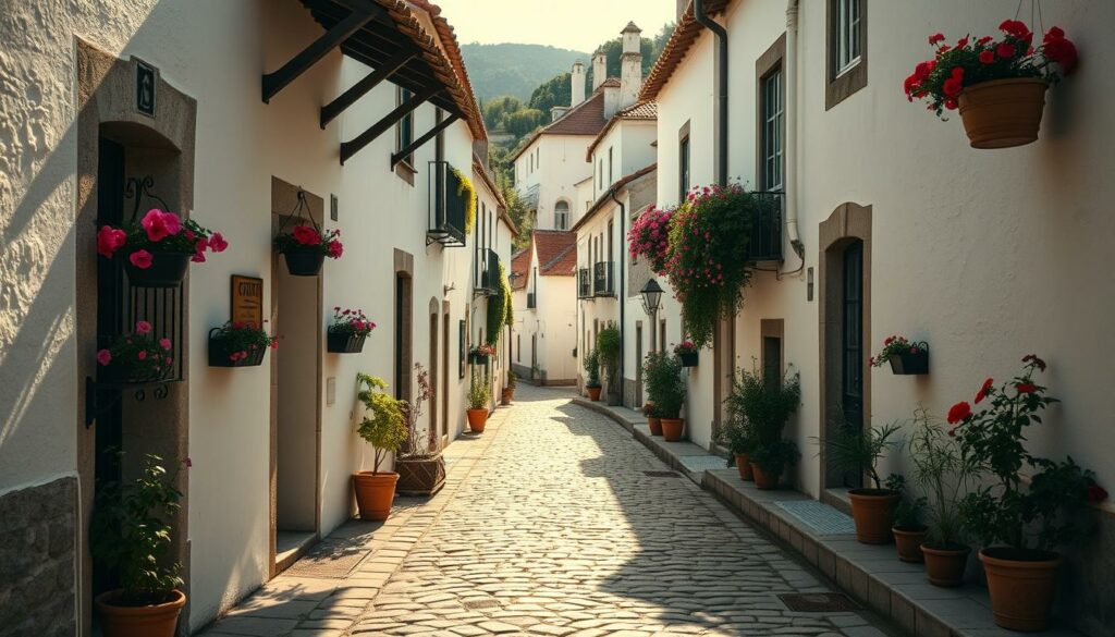 A charming medieval town in Portugal, Óbidos delights with its picturesque cobblestone streets and quaint whitewashed buildings adorned with vibrant flowers. Capture the essence of this historic locale in a serene landscape showcasing the town's iconic architecture. Render the scene with soft, warm lighting and a gentle depth of field, emphasizing the intricate details of the architecture and the tranquil atmosphere. Depict the winding alleys and pathways, framed by overhanging structures and lined with stone walls, creating a captivating sense of place. Convey the timeless charm and timeless ambiance of this enchanting medieval setting.